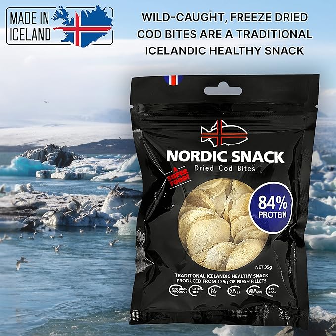 Nordic Catch Freeze Dried Cod Bites Seafood Snacks - Chips made from Wild Caught Icelandic Cod Fish - Healthy Dry Fish Snack, Rich in Omega 3 Fatty Acids, Protein Packed Keto Friendly Dried Fish Jerky - 35g Resealable Bag - 1pk