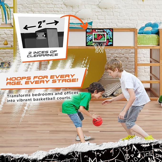 AND1 Over the Door Mini Basketball Hoop: 18x12 Shatterproof Backboard, 2 Mini Basketballs, and Hand Pump Included- Ultimate Indoor Basketball Accessory for Kids and Adults, No Tools Required