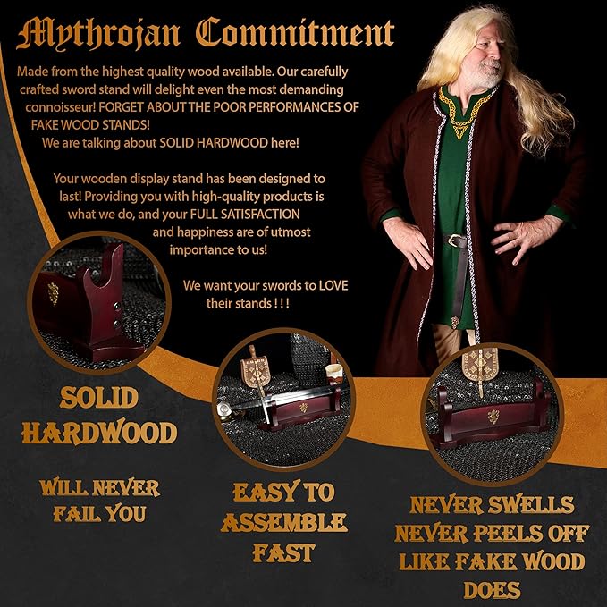Mythrojan Medieval Sword Stand Solid Wood Horizontal Display Rack for Katana, Samurai, Gladiator, Crusader Swords Elegant Tabletop Holder, 1-Tier - Dark Brown