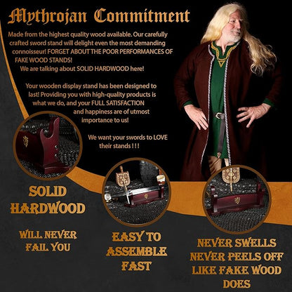 Mythrojan Medieval Sword Stand Solid Wood Horizontal Display Rack for Katana, Samurai, Gladiator, Crusader Swords Elegant Tabletop Holder, 1-Tier - Dark Brown