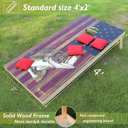 LED Cornhole Board Set 4FTx2FT Solid Wood Regulation Size Cornhole Set with LED Lights Includes 8 Cornhole Bags for Adults (USA Flag & Fish, 4'x2')