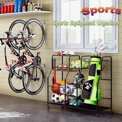 Garage Sports Equipment Organizer & Outdoor Toy Storage, Ball Storage Golf Organizer For Garage with Baskets, 5 Hooks