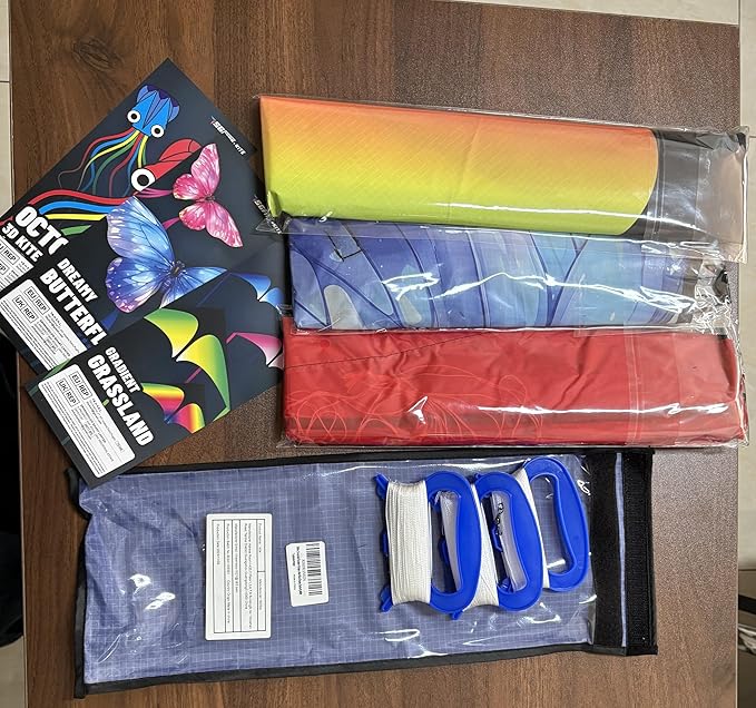 3 Piece Set Butterfly Delta Octopus Kites for Kids and Adults，Easy to Fly for Outdoor Adults Children Line Kite for Kids Toy (Gradient Grassland Rainbow+Octopus Red+Blue Dreamy Butterfly, 3)