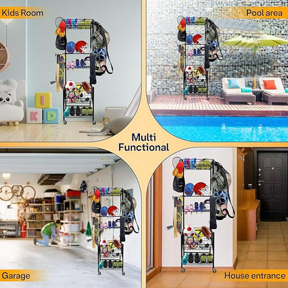 Garage Sports Equipment Organizer, Ball Storage Outdoor Toy Storage, 5 Layers Sports Outdoor Rack Nerf Gun Rack Basketball Rack for Balls with Holder and Hooks.