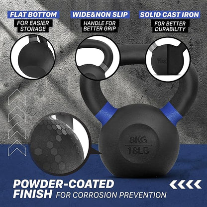 Yes4All Kettlebell, Heavy Duty Powder Coated Cast Iron Kettlebells, Non-Slip Handle & Flat Bottom for Conditioning, Strength Training & Full Body Exercises at Home Gym - Single & Pair