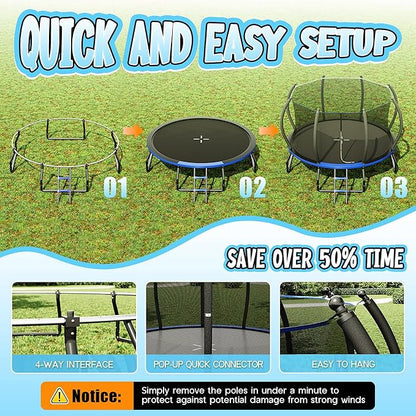 8FT 10FT 12FT 14FT 16FT Trampoline with Pop-up Quick Connector and Basketball Hoop, Trampoline Outdoor with Enclosure, Ladder, ASTM Approval for Kids and Adults