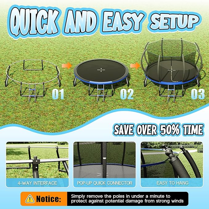 8FT 10FT 12FT 14FT 16FT Trampoline with Pop-up Quick Connector and Basketball Hoop, Trampoline Outdoor with Enclosure, Ladder, ASTM Approval for Kids and Adults