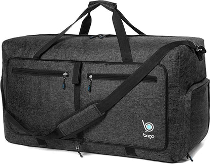 Bago Foldable Duffel Bags for Traveling Women & Men - 60L Medium Packable Duffle Bag for Travel with Shoe Compartment - Water Repellant, Heavy Duty, Lightweight Folding & Collapsible (SnowBlack)