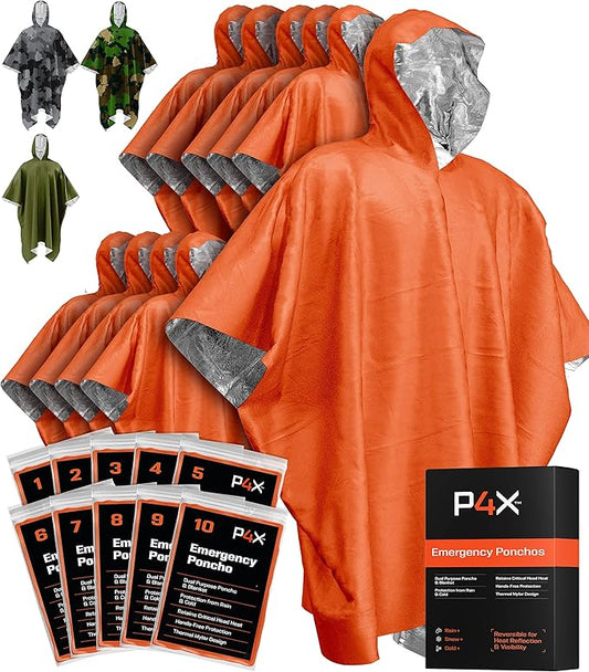 PREPARED4X Emergency Poncho and Mylar Blanket Liner - Waterproof, Wind-Resistant Outdoor Rain