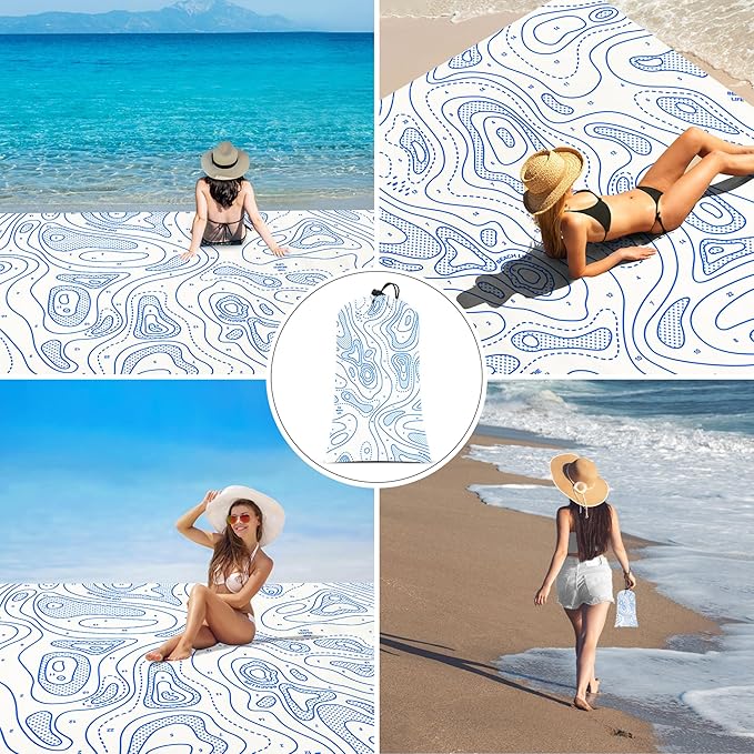 110''×118'' Oversized Beach Blanket for 4-8 Adults, White Waterproof Sandproof Picnic Blanket, Lightweight Foldable Sand Free Outdoor Mat w/ 4 Stakes & Portable Carry Bag for Travel, Camping, Hiking