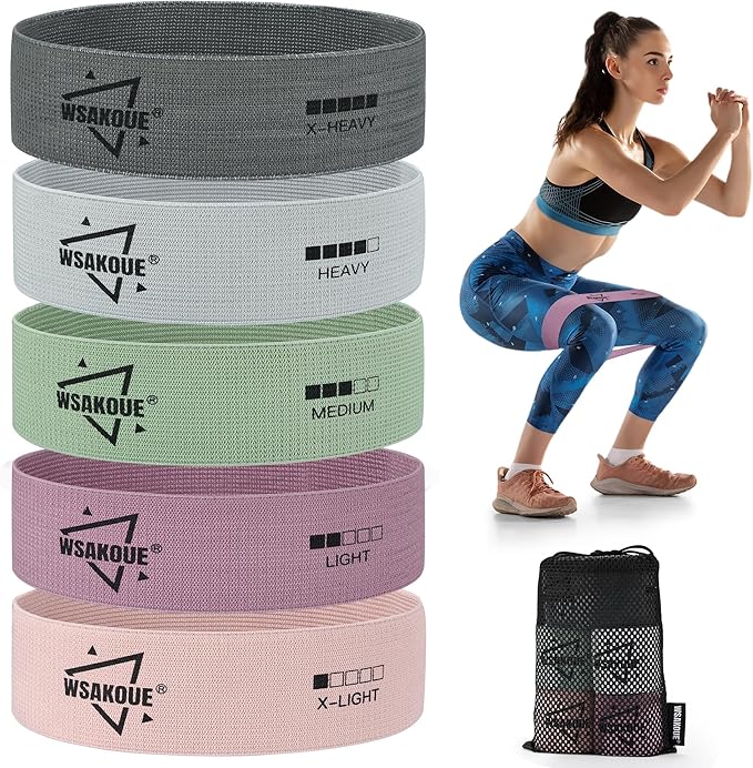WSAKOUE Fabric Resistance Bands for Working Out – 5 Booty Bands for Women & Men, Exercise Workout Bands for Legs, HIPS & Glutes – Ideal for Home Fitness, Yoga, Pilates & Rehab