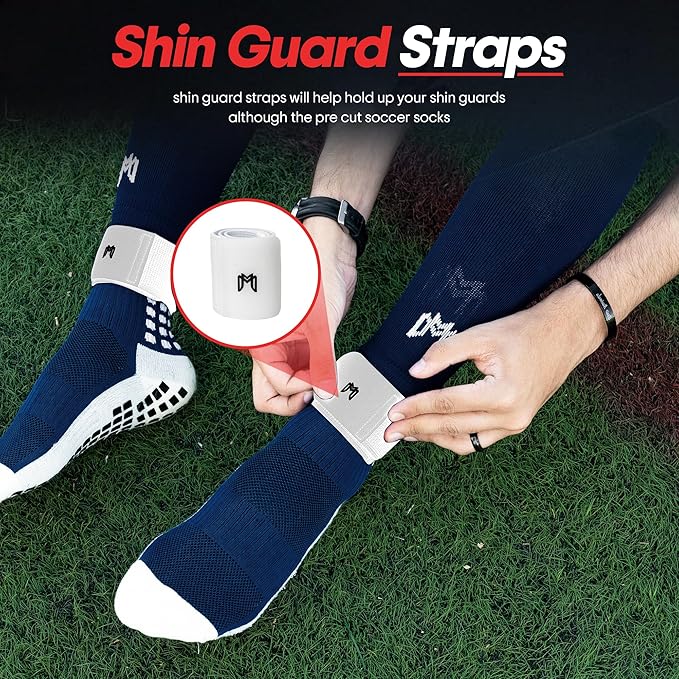 Soccer Grip Socks, Shin Guards, Pre Cut Sock Sleeves, and Guard Straps Bundle Pack - Essential Equipment for Soccer Players - for Mens, Women, Youth, Size 7 to 12 US Men Shoe Size