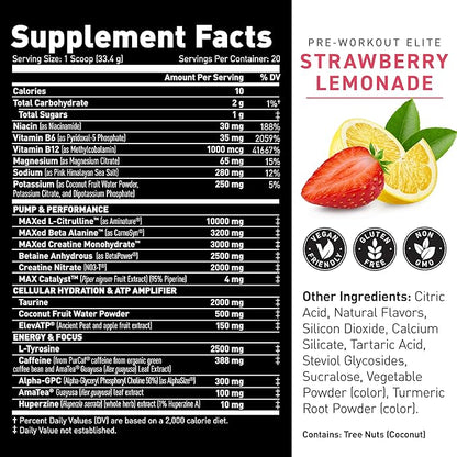 Kaged Pre Workout Elite Powder | Strawberry Lemonade | Pre-Workout with Creatine, Beta Alanine, L-Citrulline, BCAAs | 388 mg Organic Caffeine | Pre Supplements for Men & Women | 20 Servings