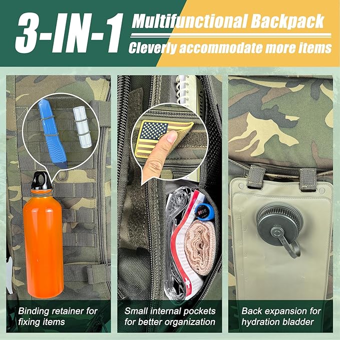 65L Large Travel Duffle Bag Military Tactical Backpack, Army Assault Pack 3 Day Bug Out Bag Rucksack for Outdoor Sport Hiking Camping with Molle System, Woodland