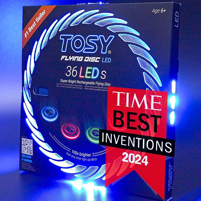 TOSY Flying Disc - 36 Mono-Color LEDs, Extremely Bright, Smart Modes, Camping Essentials for Teens/Kids/Adults/Men/Boys/Girls, Auto Light Up, Rechargeable, Waterproof, 175g