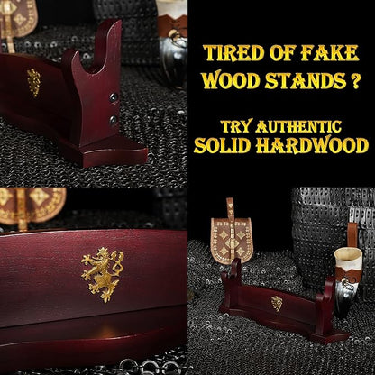 Mythrojan Medieval Sword Stand Solid Wood Horizontal Display Rack for Katana, Samurai, Gladiator, Crusader Swords Elegant Tabletop Holder, 1-Tier - Dark Brown