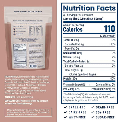 NativePath Complete Beef Protein Powder Isolate ??Grass-Fed, Pasture-Raised, Dairy & Lactose Free, Gluten Free, Zero Sugar, MCTs & Amino Acids ??20g Protein, Chocolate Flavor, 30 Servings