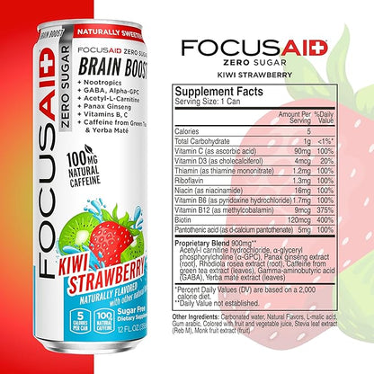 FOCUSAID ZERO SUGAR Nootropics Blend, Alpha-GPC, GABA, 100mg Natural Caffeine from Green Tea, Yerba Mate, Vitamin B-Complex, Keto-Friendly, No Artificial Sweeteners, 12 Fl Oz (Pack of 12)