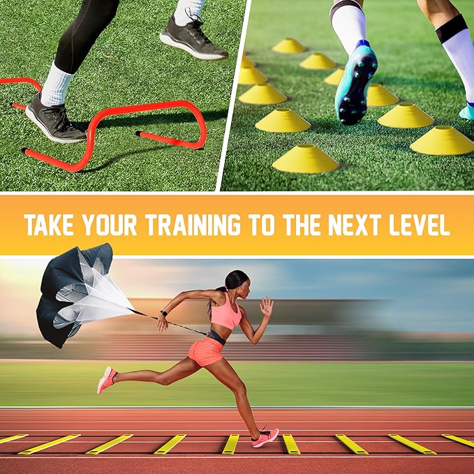 Yes4All Agility Ladder Speed Training Equipment Set - 1 Adjustable Agility Ladder, 12 Soccer Cones, 5 Hurdles, Jump Rope, Running Parachute - Speed & Agility Training Equipment for All Ages