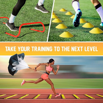 Yes4All Agility Ladder Speed Training Equipment Set - 1 Adjustable Agility Ladder, 12 Soccer Cones, 5 Hurdles, Jump Rope, Running Parachute - Speed & Agility Training Equipment for All Ages