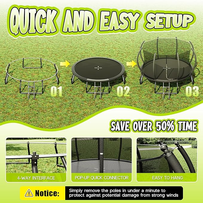 8FT 10FT 12FT 14FT 16FT Trampoline with Pop-up Quick Connector and Basketball Hoop, Trampoline Outdoor with Enclosure, Ladder, ASTM Approval for Kids and Adults