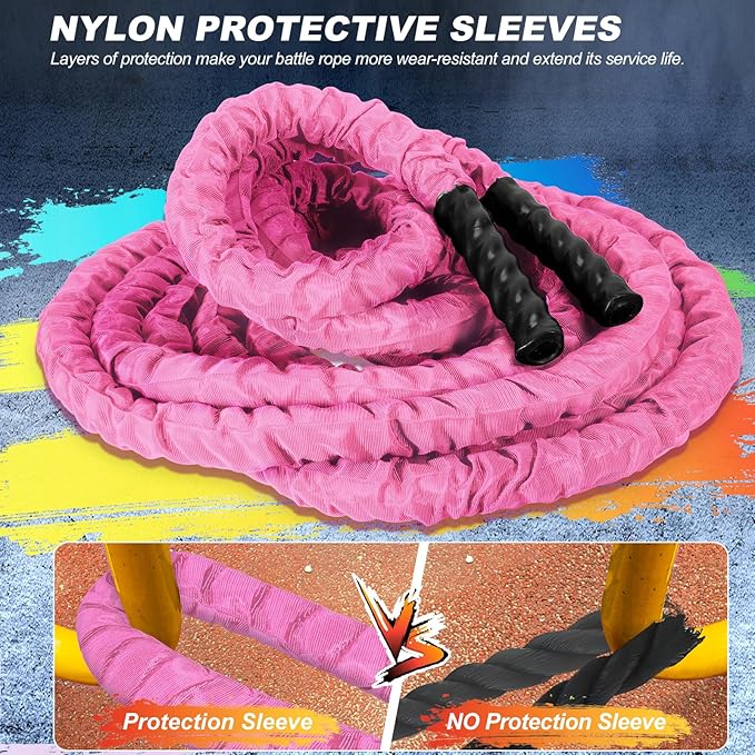 Battle Ropes for Home Gym,1.26inch 30ft Long Pink Battle Ropes with Protective Cover - Workout Equipment Heavy Exercise Rope for Strength Training for Kids or Adults