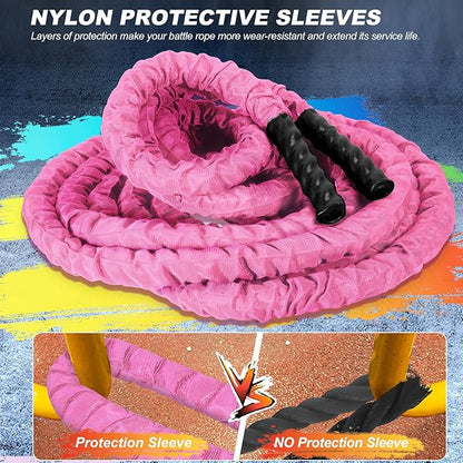 Battle Ropes for Home Gym,1.26inch 30ft Long Pink Battle Ropes with Protective Cover - Workout Equipment Heavy Exercise Rope for Strength Training for Kids or Adults