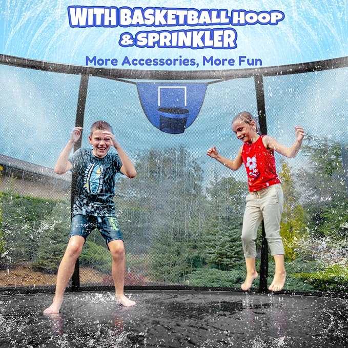 14FT & 16FT Trampoline for Kids & Adults, Big Round Trampoline with Basketball Hoop, Sprinkler & ASTM Certified