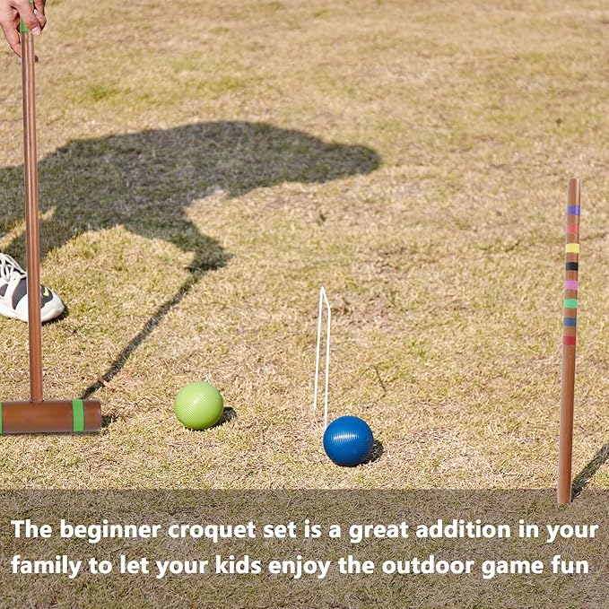 28In Croquet Party Set for 8 Players - Made of Long-Lasting Pine Wood, Family Fun for Backyards, Lawn and More, Comes with Colorful Mallets, PE Balls, Wickets, Stakes, and Carrying Bag