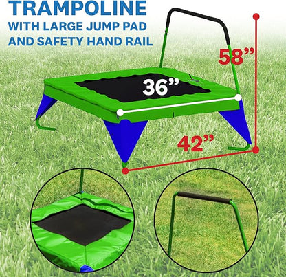 Sports Outdoor 8 Station Playground Set, Includes Swing Set, Slide, Monkey Bars, Basketball Hoop, Trampoline, Soccer and Basketball + Pump, Green