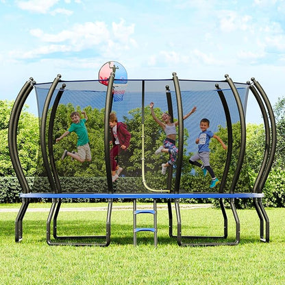 8FT 10FT 12FT 14FT 16FT Trampoline with Pop-up Quick Connector and Basketball Hoop, Trampoline Outdoor with Enclosure, Ladder, ASTM Approval for Kids and Adults