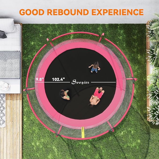 Soozier Trampoline Outdoor, Recreational Trampoline with Net Enclosure, Curved Poles and Safety Spring Cover for Kid Adults, ASTM Approved