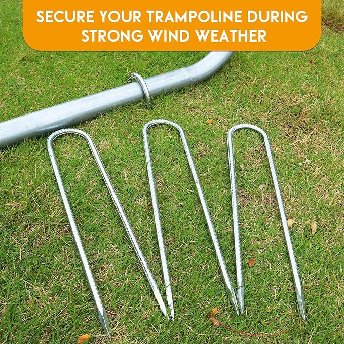 Trampoline Stakes Anchors High Wind Heavy Duty 12inch Trampoline Anchor Kit U Type Sharp Ends Safety Ground Anchor Galvanized Steel for Soccer Goals, Camping Tents (8Pcs, Silver)