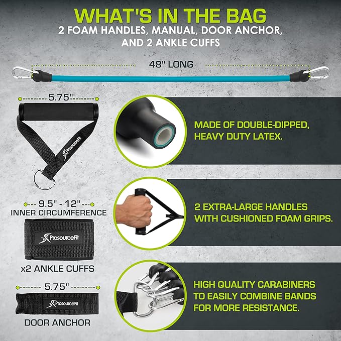 ProsourceFit Single Stackable Resistance Bands with Door Anchor and Exercise Guide, 5-8 LB, Heavy Duty Fitness Tube for Full-Body Exercises and Home Workouts, Green