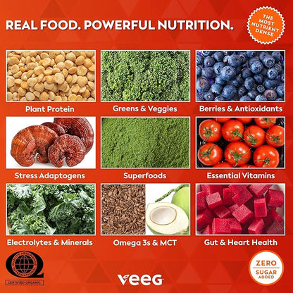 Veeg All in One Protein Smoothie Powder ??Plant Based Protein, Vegan Collagen, MCT Powder, Multivitamin, Greens Superfood Powder, Meal Replacement, Probiotics, Sugar Free,15 Servings (Chocolate)