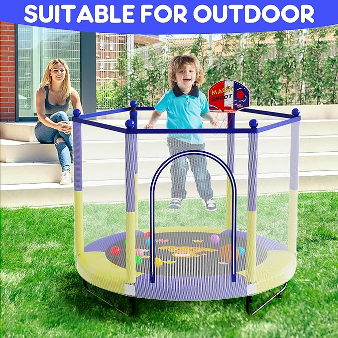60" Trampoline for Kids, 5 FT Indoor & Outdoor Toddler Baby Trampoline with Basketball Hoop, Safety Enclosure, Birthday Gifts for Kids, Gifts for Boy and Girl, Age 3-8