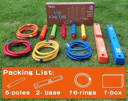 Ring Toss Game for Kids, Indoor & Outdoor Game for Family and Adults with 5 Poles, 2 Bases and 16 Rings in 4 Colors, Soft Foam Toy for Kids Backyard Ring Toss Fun