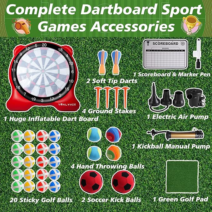 UBALANCE Giant Inflatable Dart Board, Outdoor Dartboard Yard Games for Adults, Family Sports, Sticky Kick Balls, Soccer, Tennis, Soft Darts, Golf, Party Fun Carnival Games