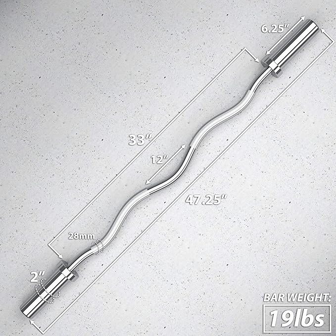 Synergee Commercial EZ Curl Olympic Bar Chrome & Black Phosphate with Powder Coated Brass Bushings Excellent for Bicep Curls and Triceps Extensions