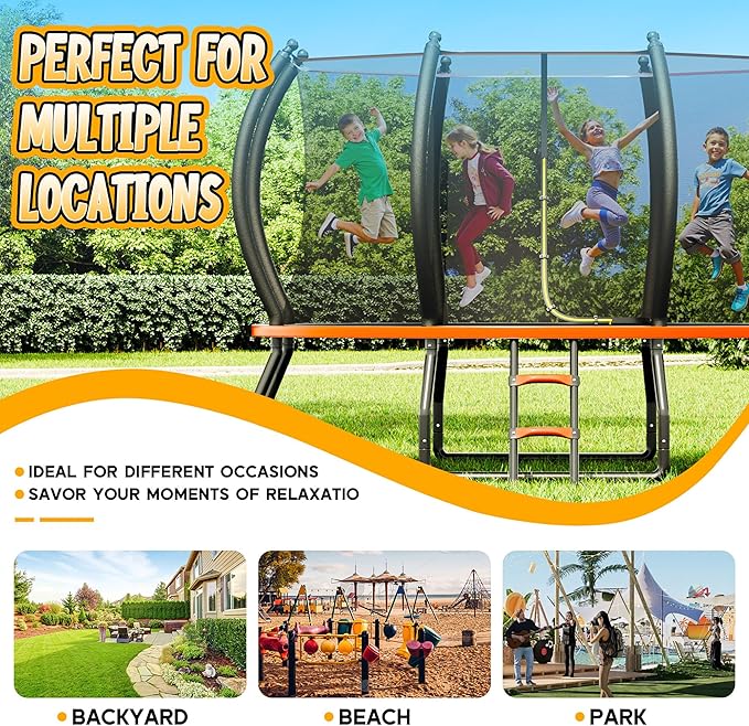 8FT 10FT 12FT 14FT 16FT Trampoline with Pop-up Quick Connector and Basketball Hoop, Trampoline Outdoor with Enclosure, Ladder, ASTM Approval for Kids and Adults