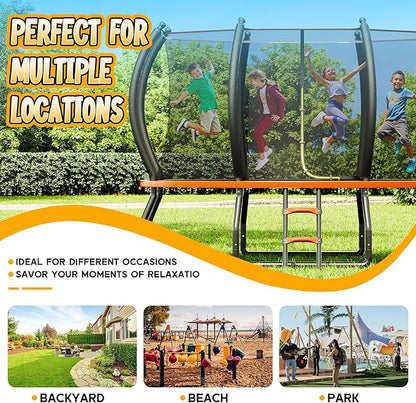 8FT 10FT 12FT 14FT 16FT Trampoline with Pop-up Quick Connector and Basketball Hoop, Trampoline Outdoor with Enclosure, Ladder, ASTM Approval for Kids and Adults