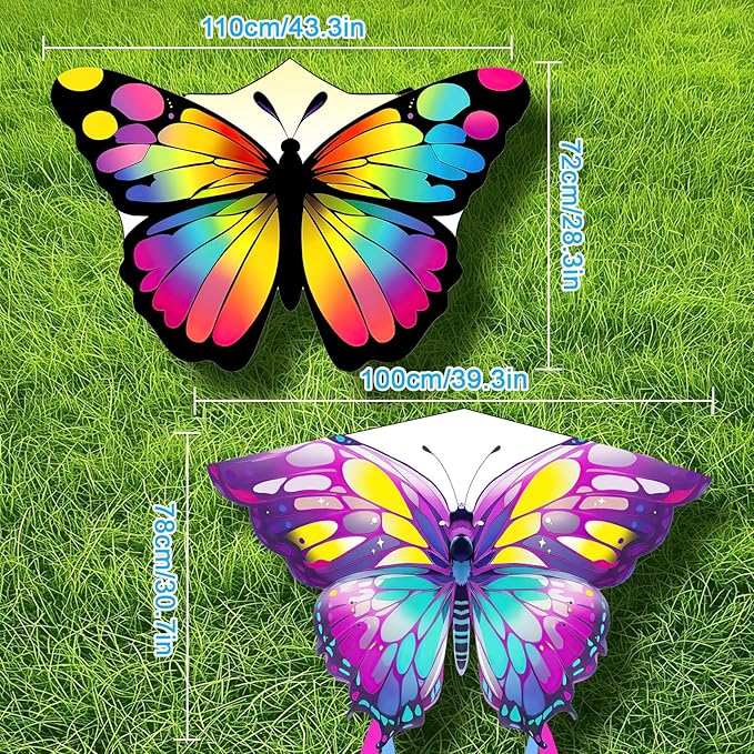 2 Pack Kites for Adults and Kids, Large Butterfly Kites Easy to Fly Kite with Long Tail, Big Kite with Handle and String, Perfect for Beginners, Beach Games, Outdoor Flying Fun