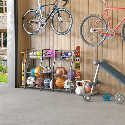 Garage Sports Equipment Organizer - Ball Storage Rack with Elastic Rope or Wire Mesh,Garage Organizer System with Wheels,Indoor/Outdoor Sports Rack for Sports Gear and Toys Storage,Black