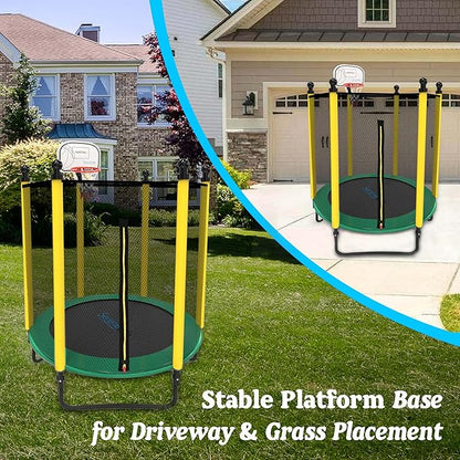 SereneLife 5FT Outdoor & Indoor Trampoline for Kids – Durable Mini Toddler Trampoline with Net Enclosure & Basketball Hoop - Supports 176 lbs, 60"x76"