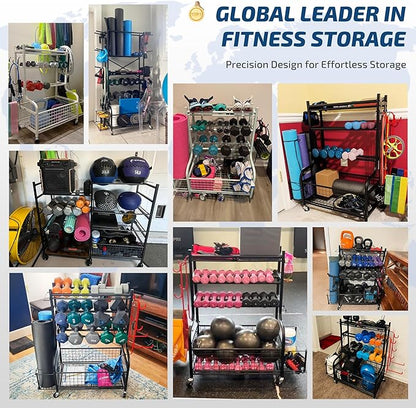 PLKOW Dumbbell Rack, Weight Rack for Dumbbells, Home Gym Storage for Dumbbells Kettlebells Yoga Mat and Balls, All in One Workout Storage with Wheels and Hooks, Powder Coated Finish Steel