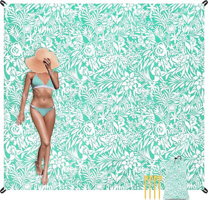 Beach Blanket, Waterproof Sandproof Beach Mat with 4 Stakes & 4 Pockets, 78''×86'' Large Compact Lightweight Sand Free Outdoor Essentials for Beach, Picnic, Travel, Camping