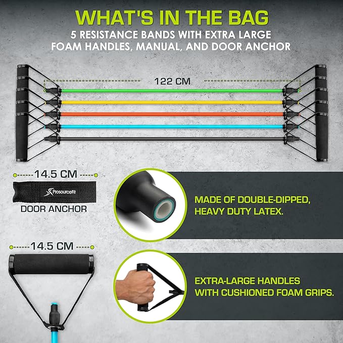 ProsourceFit Single Stackable Resistance Bands with Door Anchor and Exercise Guide, 5-8 LB, Heavy Duty Fitness Tube for Full-Body Exercises and Home Workouts, Green