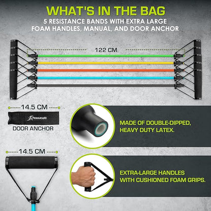 ProsourceFit Single Stackable Resistance Bands with Door Anchor and Exercise Guide, 5-8 LB, Heavy Duty Fitness Tube for Full-Body Exercises and Home Workouts, Green