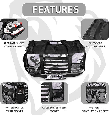 Unisex Duffel Bag Gray Camo, Extra Roomy Waterproof Gym Bag For Women with Shoe Compartment, Sports Bag with Zippered Pockets, Adjustable Strap