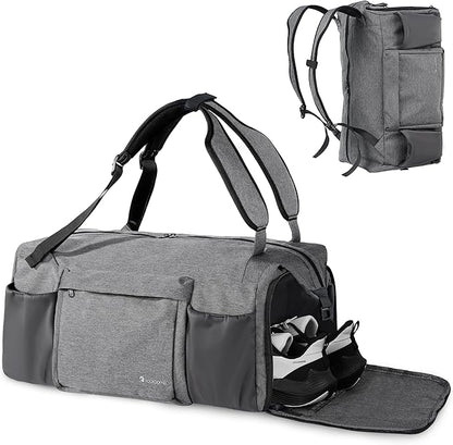 Small Gym Bag for Men with Shoes Compartment and Wet Pocket Convertible Duffle Bag and Gym Backpack Waterproof Sports Bag with 2 Bottle Holders Weekender Overnight Bag - Grey